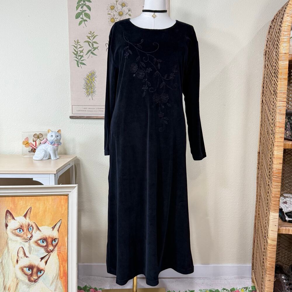Vintage Velour Floral Embroidered Midi Dress Romantic Goth Vampire Whimsigoth L
